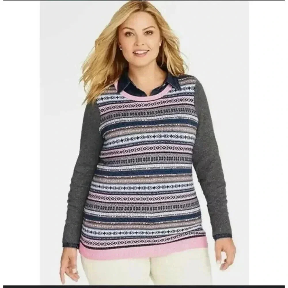 Talbots Women’s Lambswool Blend Fair Isle Sweater Size M Gray Pink Crew Neck